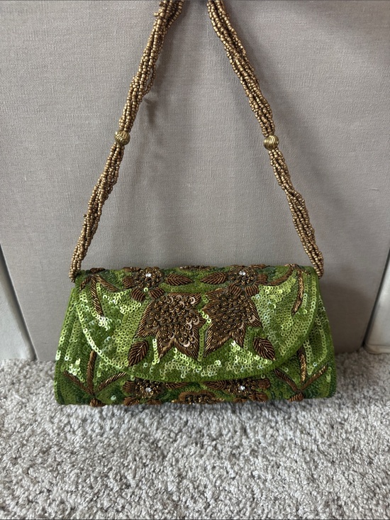Bougainvillea Handbags - Regency Green Sequin Floral Evening Clutch with Beaded Strap